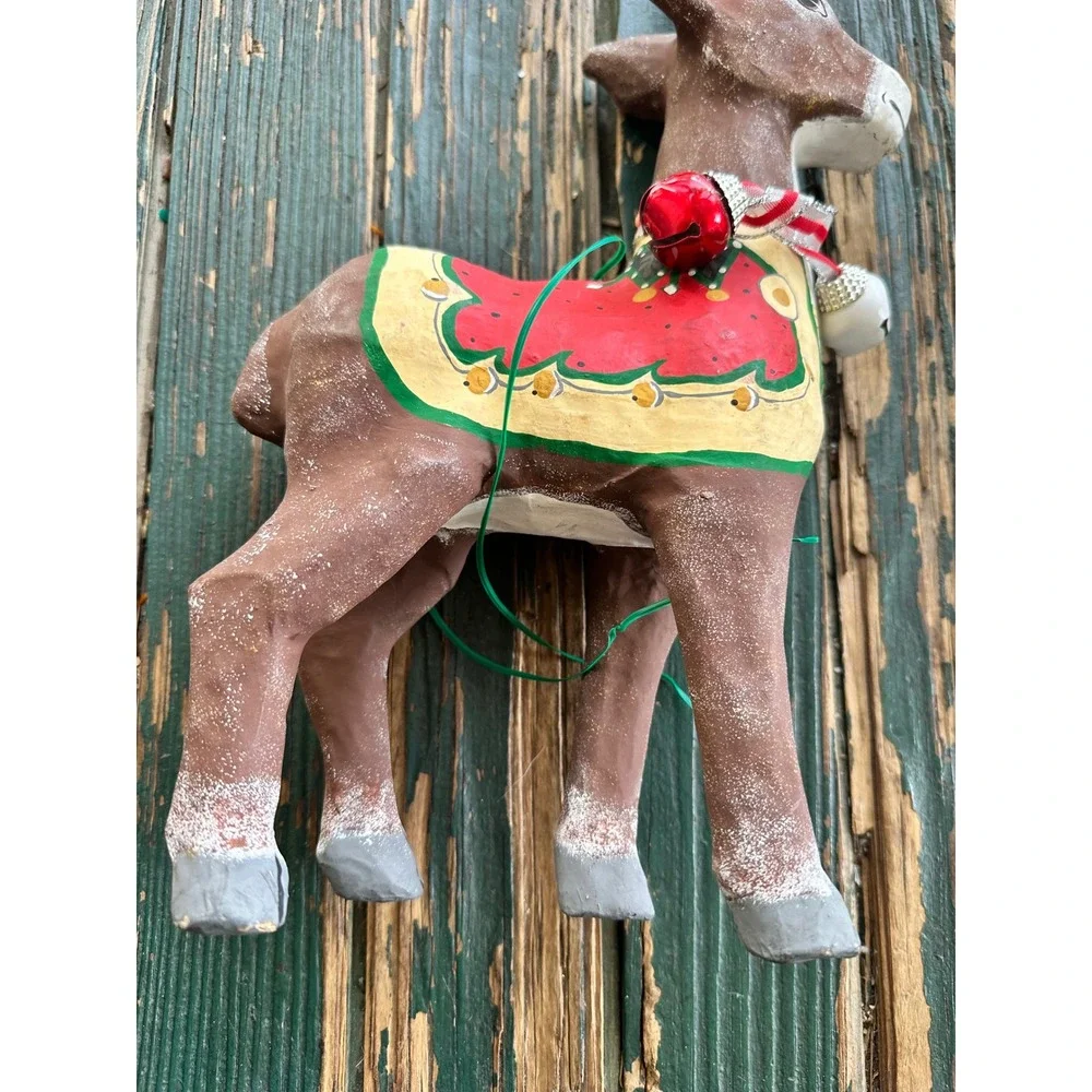 Vintage Christmas Reindeer Figurine Hand Painted Holiday Decor with Bells 12in‎